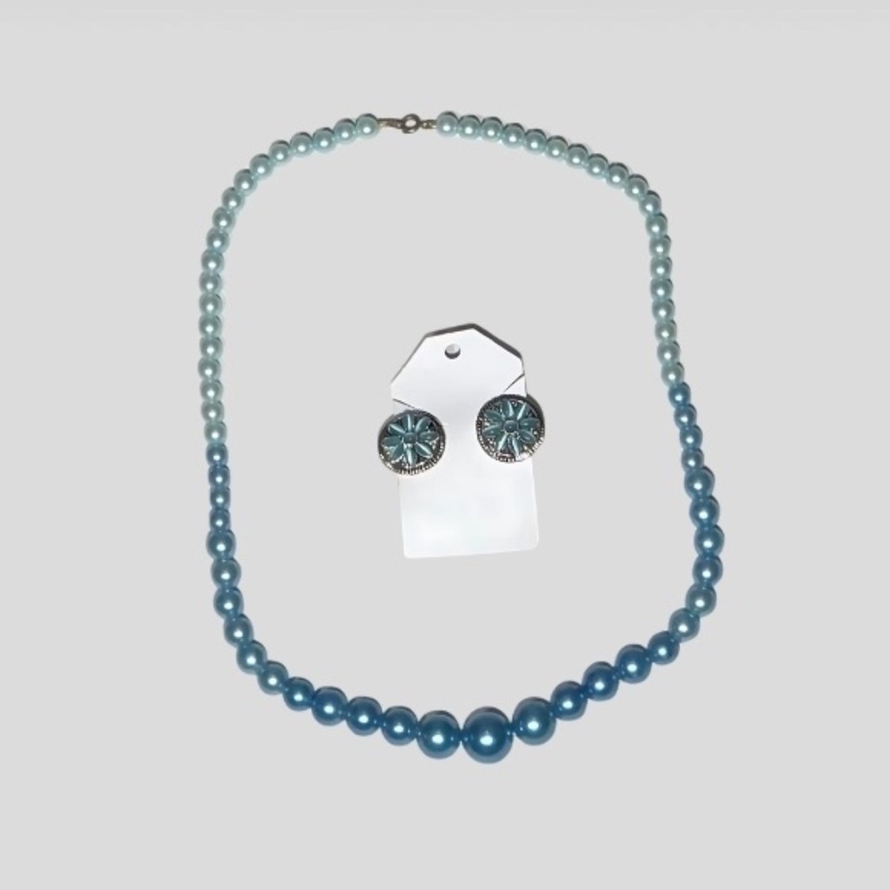 Vintage Beaded Necklace and Floral Clip On Earrings Set Blue